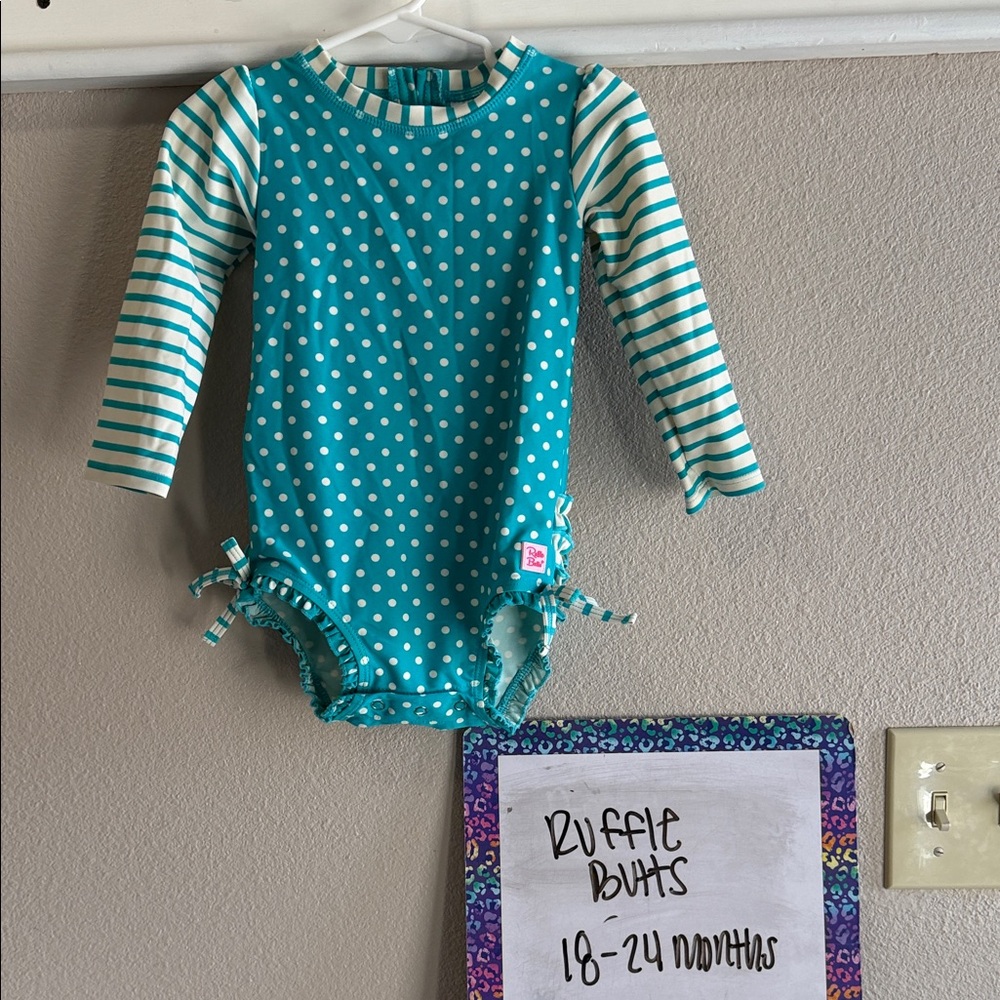 Ruffle Butts Aqua Polka Dot and Stripe Bodysuit